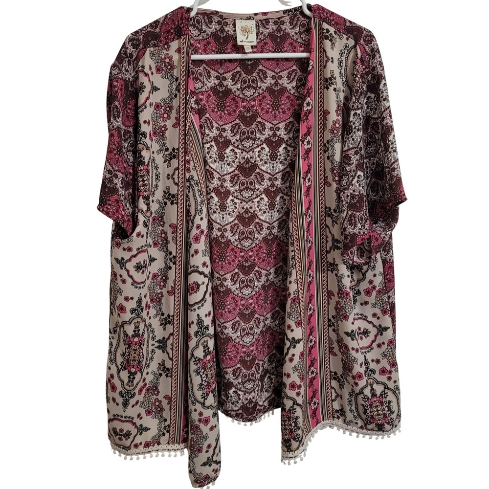 Self Esteem Women's Kimono Cardigan 2X Pink Beige Paisley Floral